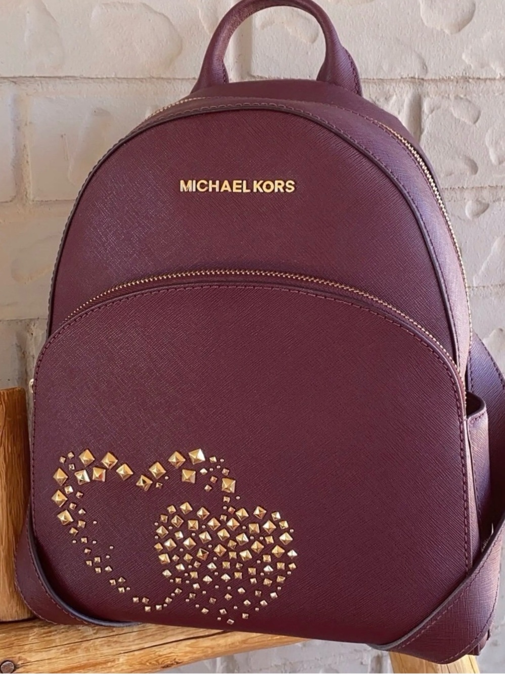 Michael Kors Wine Studded Saffiano Leather Backpack hearts